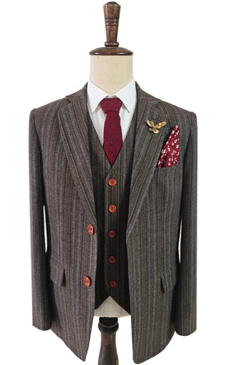 Gray Brown Pinstripe Tweed 3 Piece Suit