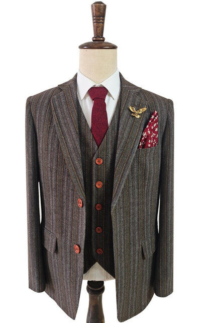 GRAY BROWN PINSTRIPE TWEED 3 PIECE SUIT
