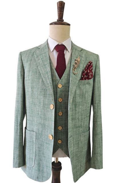 LIGHT GREEN HERRINGBONE COTTON LINEN 3 PIECE SUIT