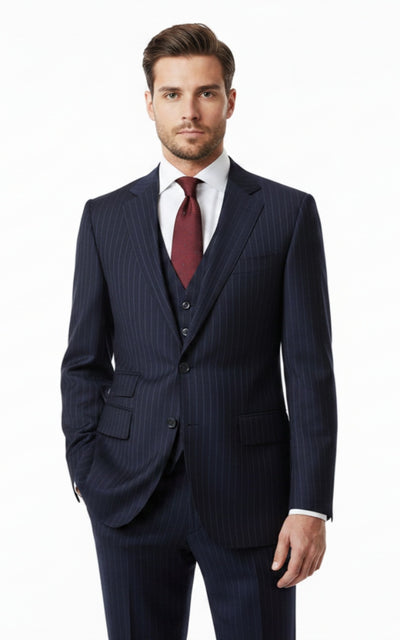DARK BLUE PINSTRIPE WORSTED 3 PIECE SUIT