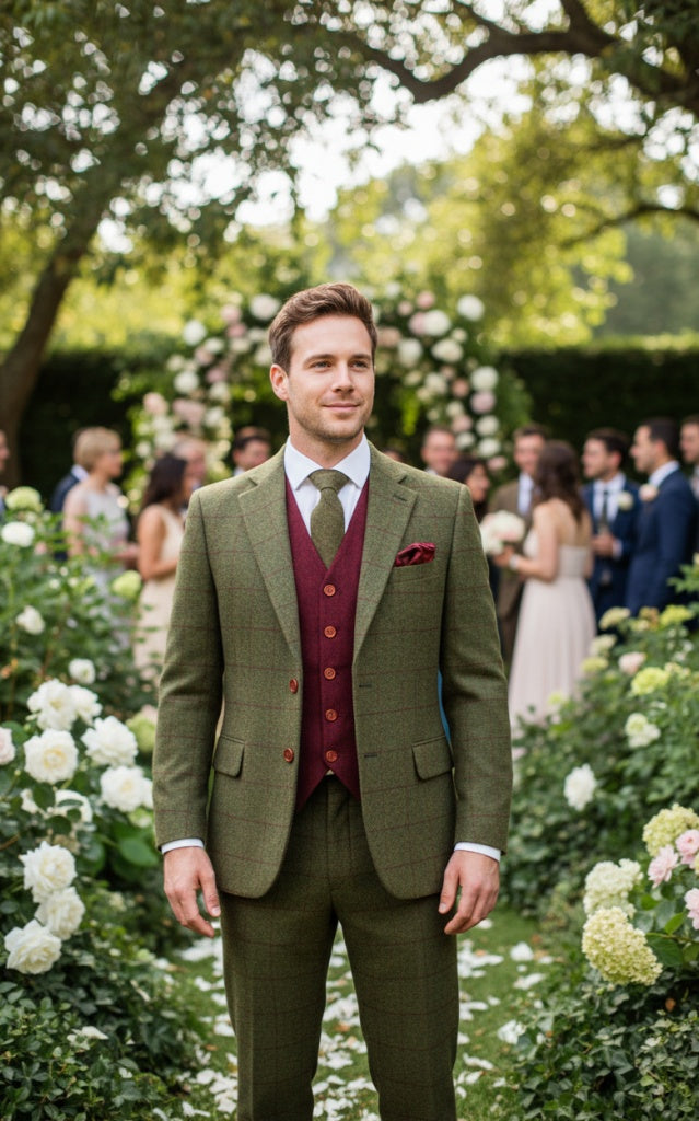 Olive Green Plaid Tweed 3 Piece Suit Olive Green Plaid Tweed 3 Piece Suit