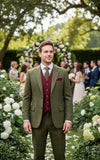 OLIVE GREEN PLAID TWEED 3 PIECE SUIT