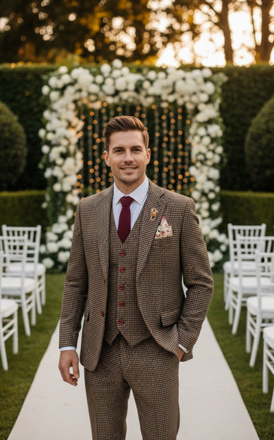 BROWN HOUNDSTOOTH TWEED 3 PIECE SUIT