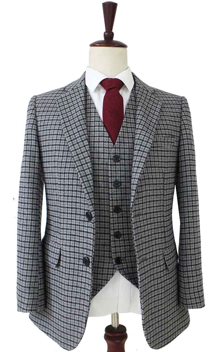 Men's Houndstooth Tweed 3-Piece Suit | Grey & Blue Plaid Check | Slim Fit Vintage Formal Wear - View #5