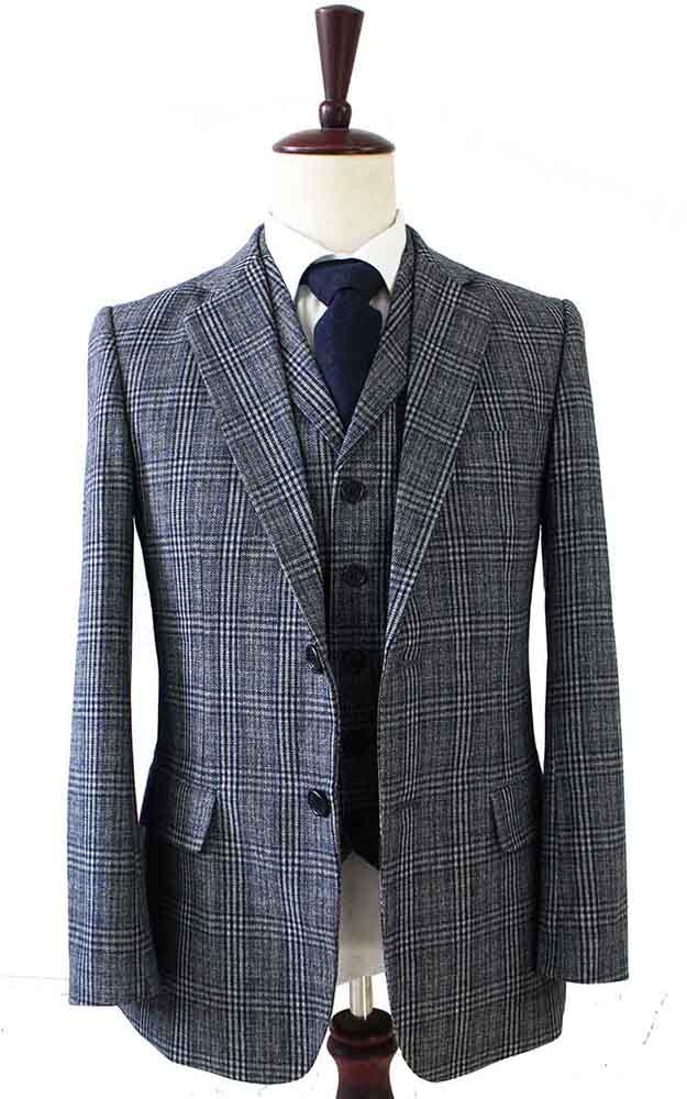 Men's Houndstooth Tweed 3-Piece Suit | Grey & Blue Plaid Check | Slim Fit Vintage Formal Wear - View #4
