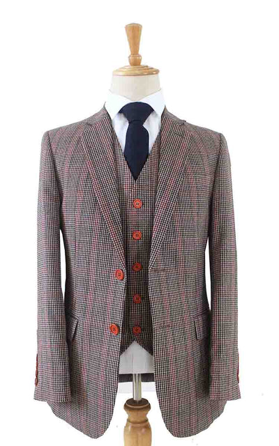 BDtailormade BROWN PINK HOUNDSTOOTH PLAID TWEED 3 PIECE SUIT - BDtailormade TWEED SUITStweedmaker hockerty menstweedsuit