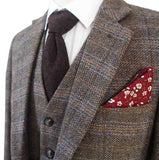 BROWN BEIGE WINDOWPANE HERRINGBONE TWEED 3 PIECE SUIT
