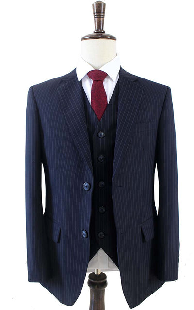 BDtailormade DARK BLUE PINSTRIPE WORSTED 3 PIECE SUIT - BDtailormade Worsted Suittweedmaker hockerty menstweedsuit
