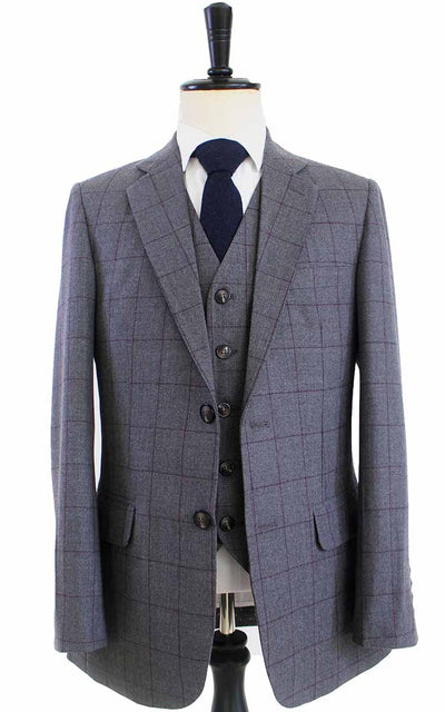 BDtailormade GREY RED WINDOWPANE WORSTED 3 PIECE SUIT - BDtailormade Worsted Suittweedmaker hockerty menstweedsuit