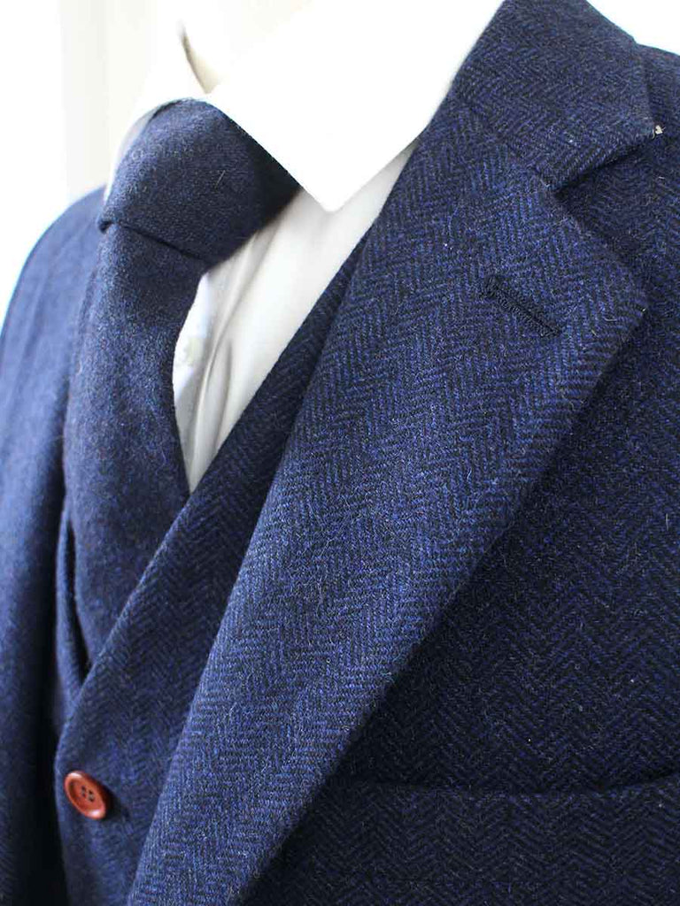 Mens Navy Blue Tweed Check Herringbone 3 Piece Suit Bespoke