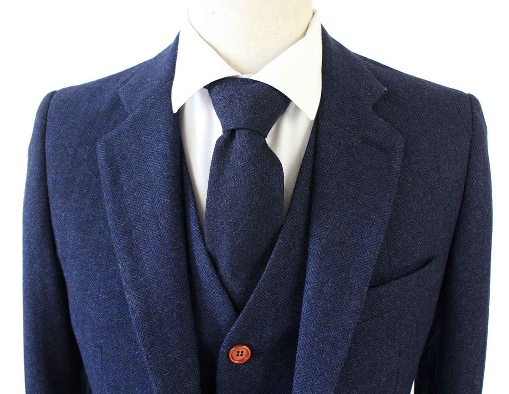 Mens Navy Blue Tweed Check Herringbone 3 Piece Suit Bespoke